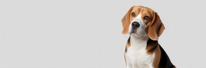 Beagle dog sitting calmly against a light gray background, showcasing its expressive features and friendly demeanor