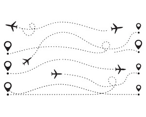 Airplane line path travel line icon vector, airplane location path in dotted line, airplane routes dashed line trace point to finish isolated on white background.Airplane route trace flight vector ill