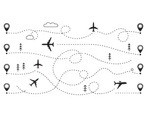 Airplane line path travel line icon vector, airplane location path in dotted line, airplane routes dashed line trace point to finish isolated on white background.Airplane route trace flight vector ill