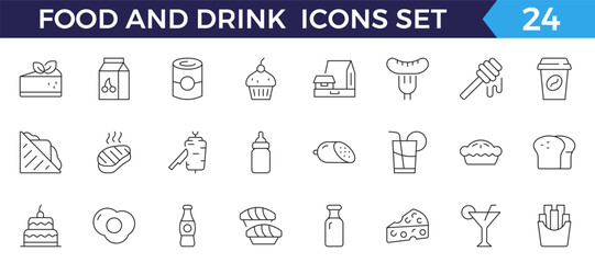 Food and Drink Line Editable Icons set. Vector illustration in thin line style of nutrition related icons: vegetables, fruits, desserts, meat, baked goods,