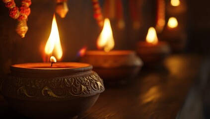 Warm, glowing clay lamps, illuminated