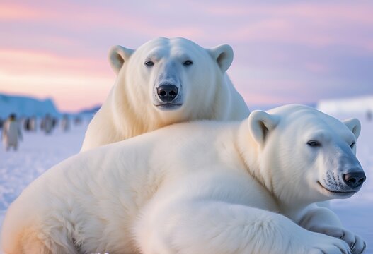 Majestic pair of Polar Bears resting in a serene Arctic landscape with distant penguins under a soft pastel sky, ideal for tranquil wildlife scenes, unique nature compositions, or concepts of unlikely