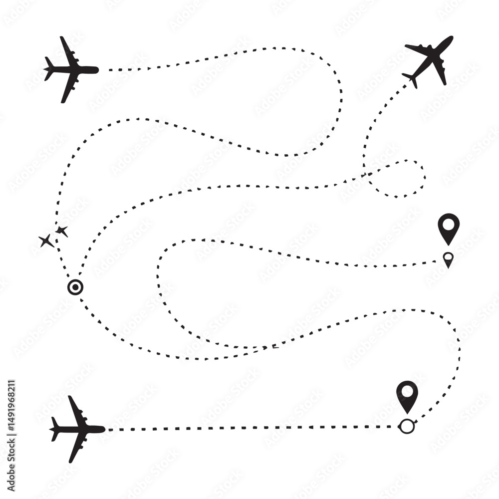 Poster airplane dotted route line set. path travel line shapes. flight route with start point and dash line