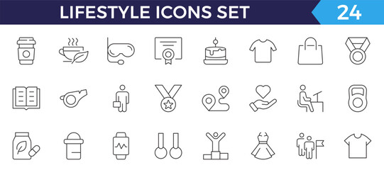 Lifestyle icon set. Containing healthy lifestyle, diet, exercise, sleep, relationships, running, routine, self-care, culture and hobbies icons. Editable stroke outline icon.