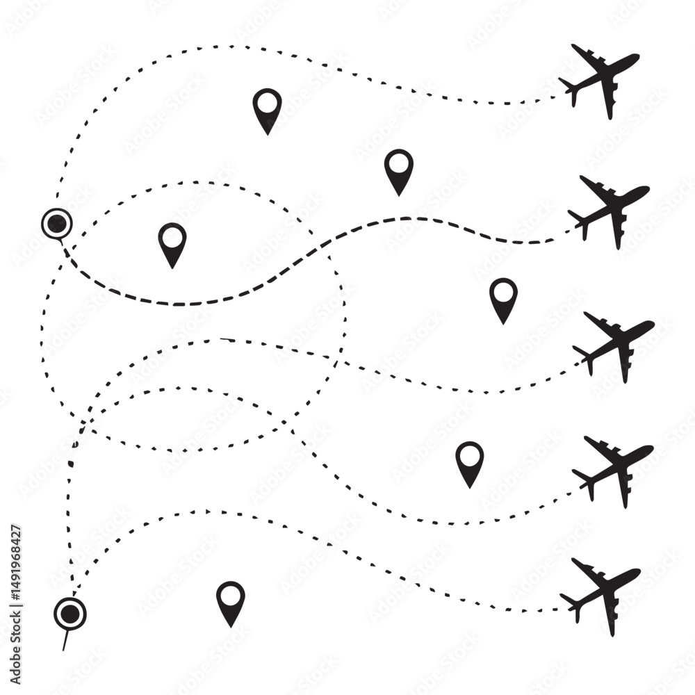 Aufkleber airplane dotted route line set. path travel line shapes. flight route with start point and dash line