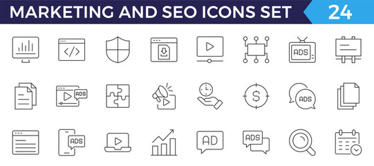 Marketing and Seo line web icons Digital marketing. Containing seo, content, website, social media. Editable stroke.