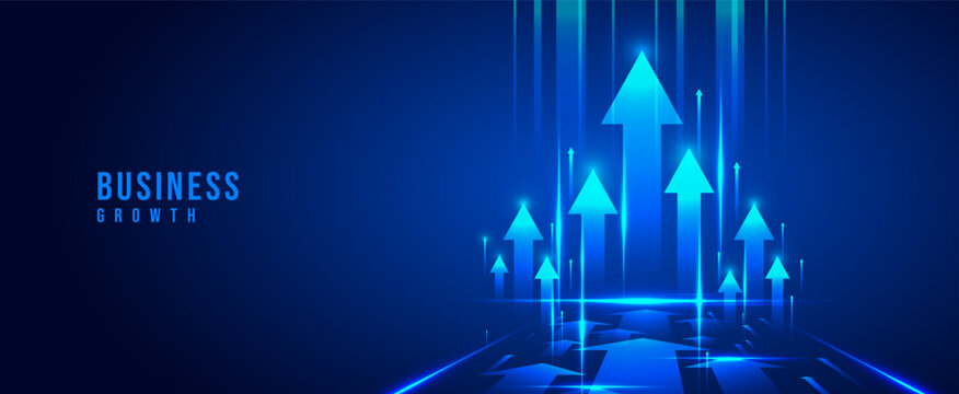 Business growth arrow on dark blue technology background with perspective speed light effect for presentation