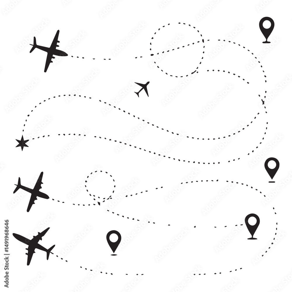 Poster airplane dotted route line set. path travel line shapes. flight route with start point and dash line