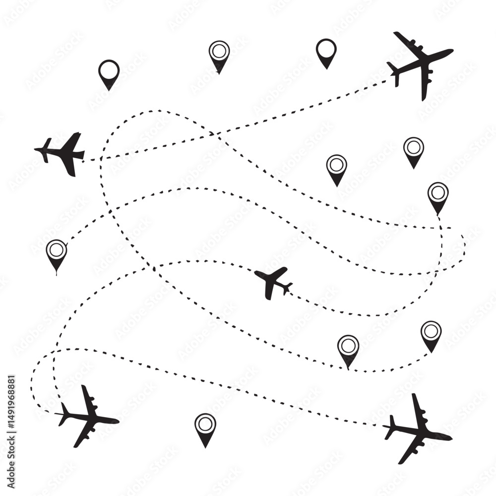 Poster airplane dotted route line set. path travel line shapes. flight route with start point and dash line