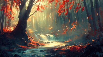 Fototapeta premium Sunlit autumn forest stream, red leaves, cascading waterfall.