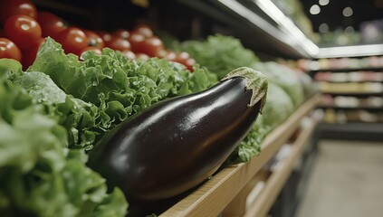 Fresh eggplant on a grocery shelf amidst lettuce and tomatoes