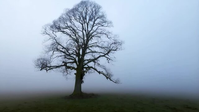 Solitary deciduous tree with bare branches in thick mist and fog on a grassy field. Moody, atmospheric, winter day.