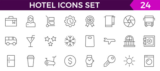 Hotel icons set. Rental property icons. Set of apartment reservation, hotel booking, five-star hotel, service line vector web icon.