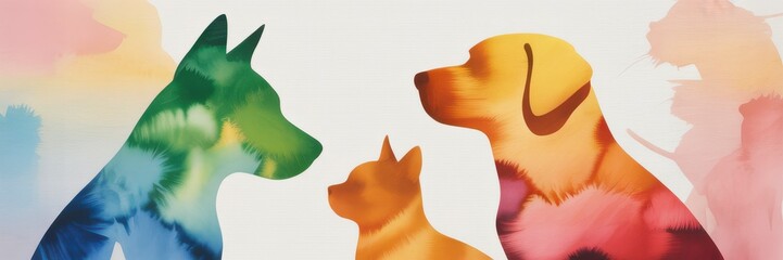 Colorful watercolor silhouettes of dogs and a cat showing companionship and friendship in a vibrant setting