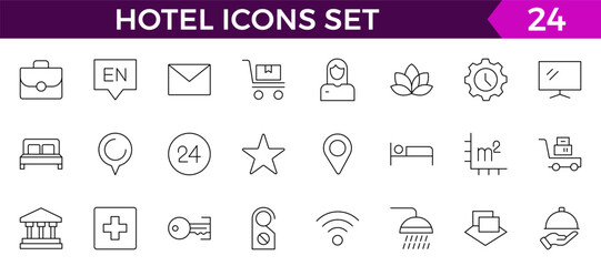 Hotel icons set. Rental property icons. Set of apartment reservation, hotel booking, five-star hotel, service line vector web icon.