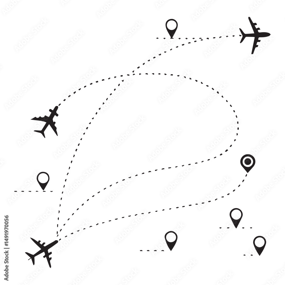 Poster airplane dotted route line set. path travel line shapes. flight route with start point and dash line
