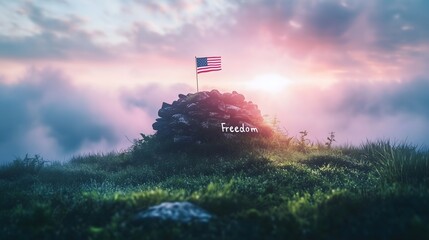 Celebrating freedom with the American flag at sunrise in a serene landscape for Independence Day and Veterans Day