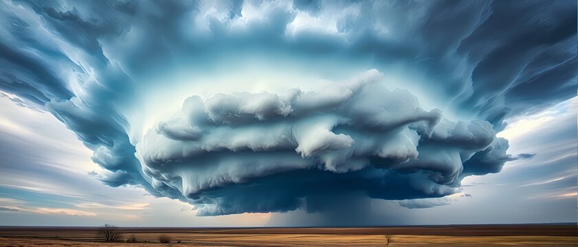 Panoramic view of an immense, isolated supercell thunderstorm from within over a vast, arid plain, perfect for dramatic weather banners, cinematic backgrounds, or illustrating nature's raw power