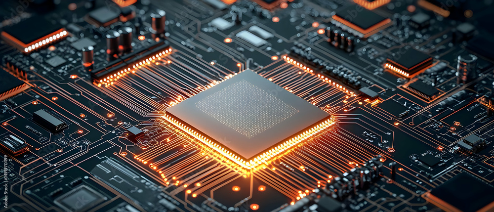 Poster detailed high-tech circuit board with glowing cpu
