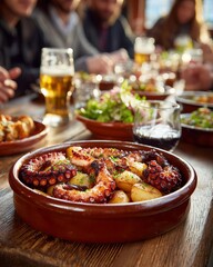 Delicious octopus dish served with potatoes and fresh greens.
