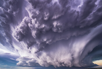 Naklejka premium Awe-inspiring supercell thunderstorm displaying immense power and dramatic purple cloud structures, ideal for meteorological visuals, powerful concept backgrounds, or depicting severe weather events