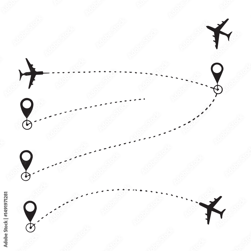 Poster airplane dotted route line set. path travel line shapes. flight route with start point and dash line