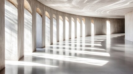 Obraz premium Sunlit curved corridor with arched windows and polished floor.