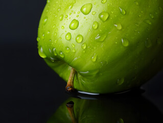 Fresh green apple with water drops on it surrounded by natural freshness and close-up details