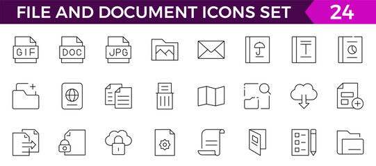 Set of file and document Icons. Simple line art style icons pack. Vector illustration, such as files, checkmark, find, search,