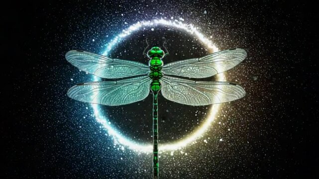 Dragonfly of Radiance: A vibrant dragonfly glows inside a circle, casting shimmering light. Capture the delicate beauty of the insect, symbol of transformation, the essence of peace and harmony.