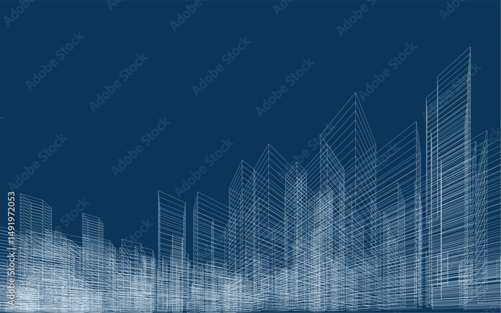 Poster 3d wireframe perspective of building. abstract wireframe city background for template design. vector
