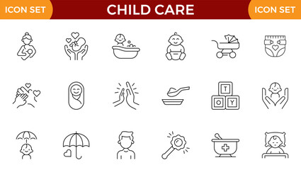 Child care line web icons. international children day, kid rights, parenthood. Outline icon collection. Editable stroke. Vector illustration