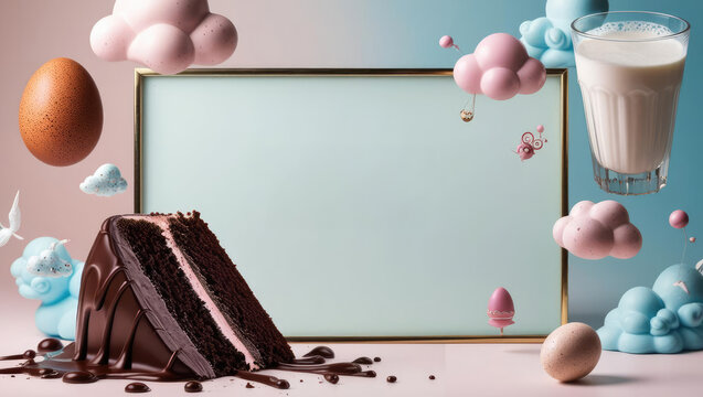 Pastel Dreamscape: Chocolate Cake, Eggs, and Milk Frame for Copy Space