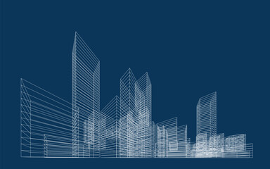 3D wireframe perspective of building. Abstract wireframe city background for template design. Vector illustration.