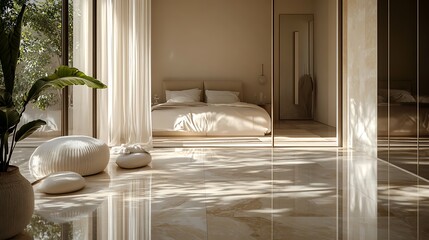 interior with open bedroom behind soft-tinted glass, sunlight on cream-colored textiles and marble flooring