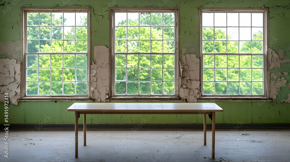 Poster empty classroom with three windows and wooden table in old abandoned building