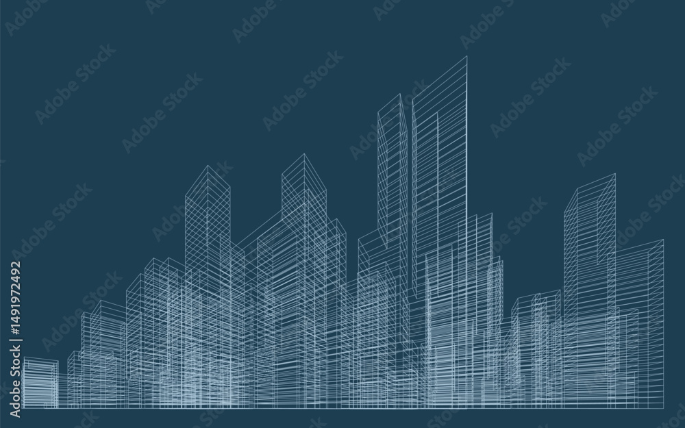 Poster 3d wireframe perspective of building. abstract wireframe city background for template design. vector