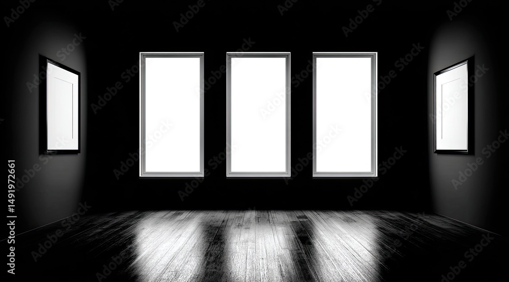 Poster dark room with empty picture frames and windows