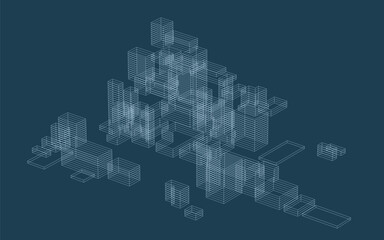 Abstract 3D dynamic wireframe. Geometric perspective background.  Abstract matrix wireframe background for template design. Vector illustration.