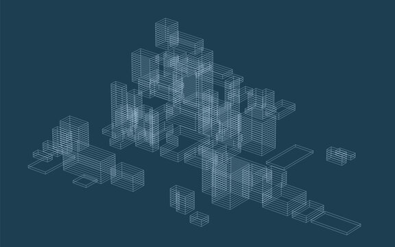 Abstract 3D dynamic wireframe. Geometric perspective background.  Abstract matrix wireframe background for template design. Vector illustration.