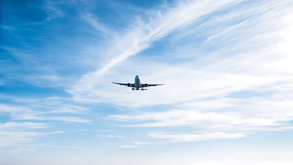 Fototapeta premium Airplane flying high in blue sky with white clouds