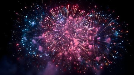 Fototapeta premium Celebratory fireworks bursts in deep blue, red, and white lighting up the night sky for American holidays