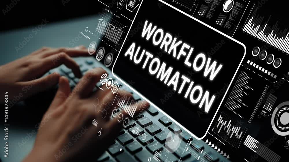Poster Hands Typing on Keyboard with Workflow Automation Concept Displayed on Screen for Business Technology Innovations. Asymptotic smart data analytic.