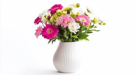 Vibrant floral display in textured vase against pristine white background