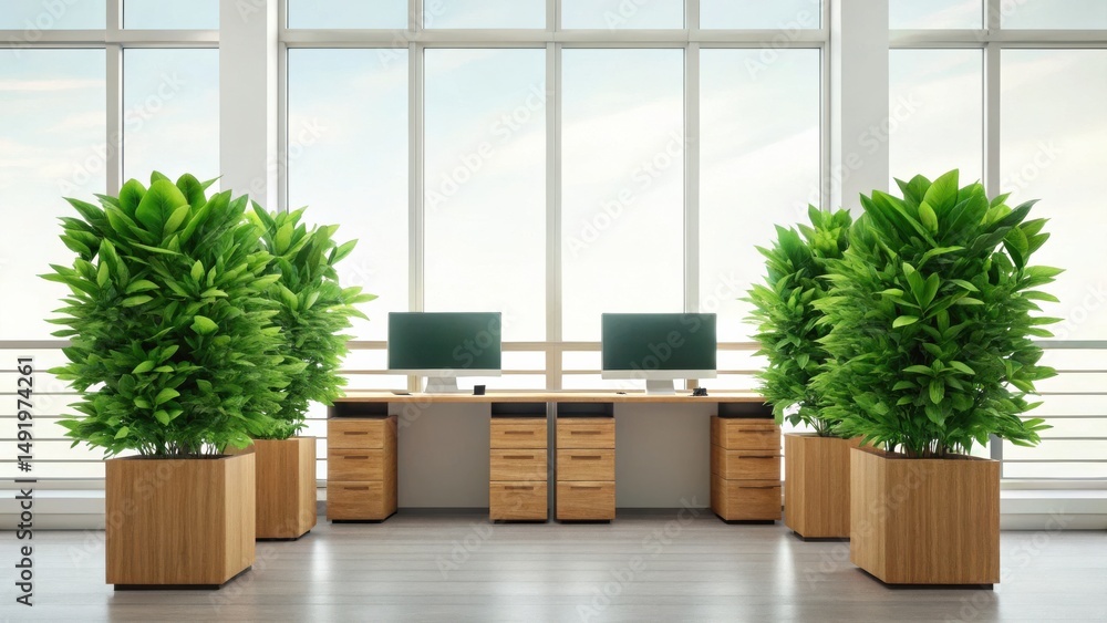 Poster modern office workspace with large windows, green potted plants, and desks with computers, creating 