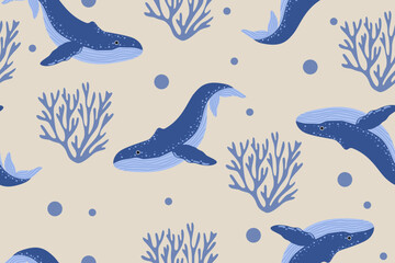 Under the sea with Blue whale and corals seamless pattern for background fabric 