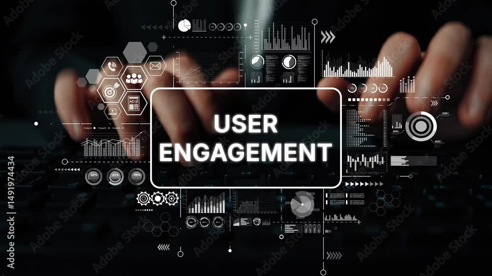 Poster Hands Typing on Keyboard with User Engagement Concept and Digital Interface Elements on Screen. Asymptotic smart data analytic.