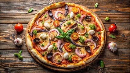 A juicy seafood pizza with mixed seafood and toppings on a wooden table, lit from above, pizza