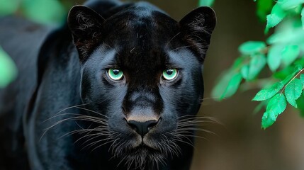 Close-up of a majestic black panther amidst lush green foliage.
