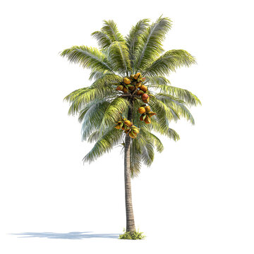 Fototapeta Tall green tropical palm tree with coconuts isolated on white background, exotic plant perfect for nature, summer, beach, and tropical themes